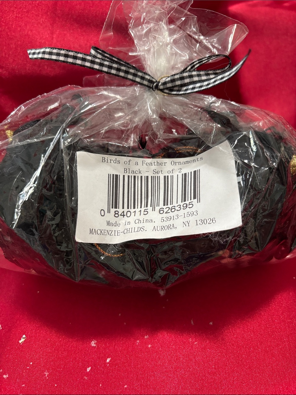 MacKenzie-Childs Black Bird Ornaments with Gingham Ribbon (Set of 2)